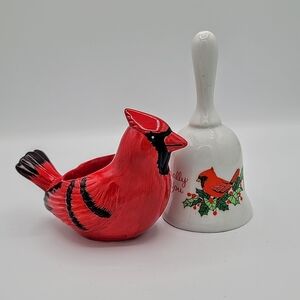 Cardinal Christmas Decor Lot Votive Candle Holder Gift Bell Ceramic 80s Vintage